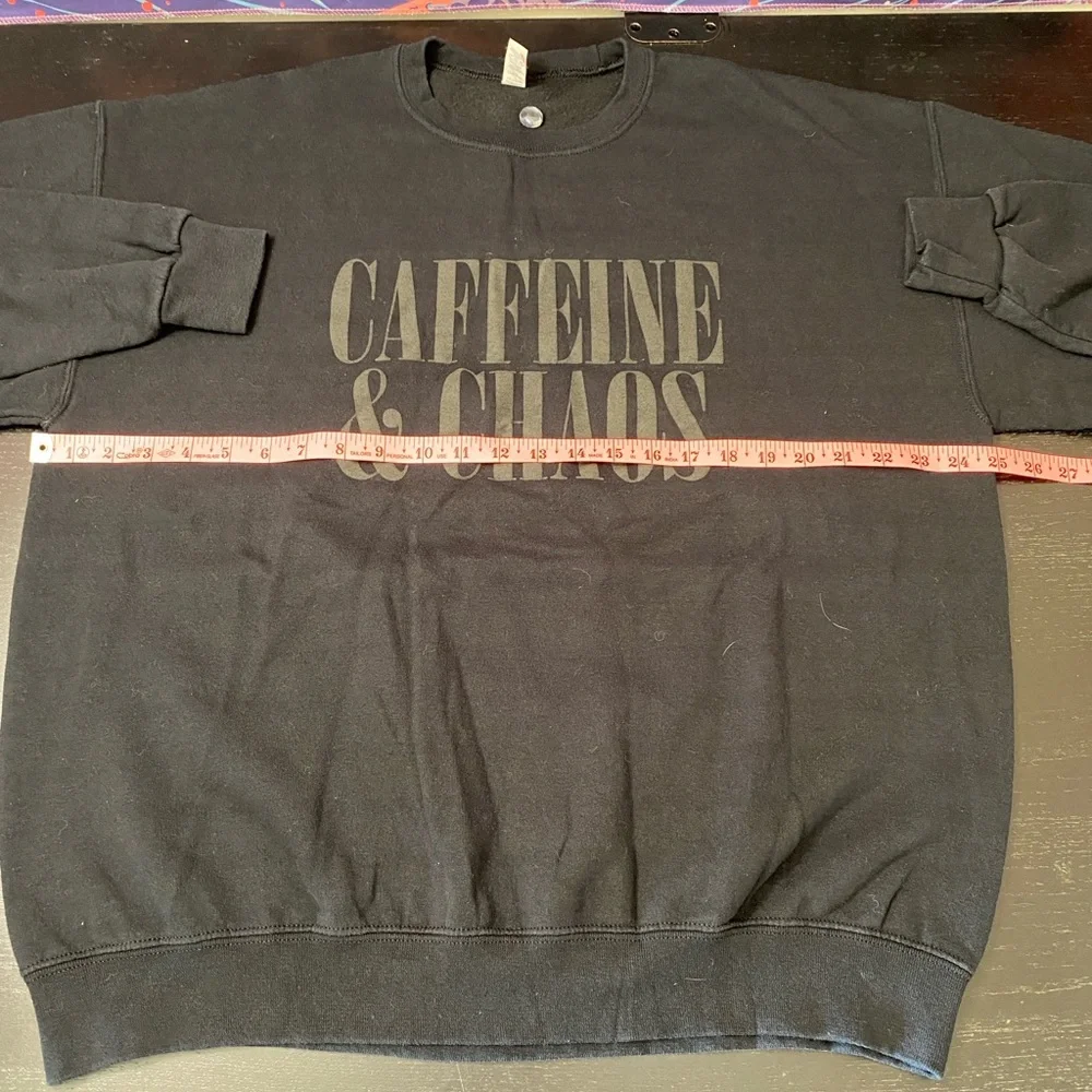 Jerzees Black Crewneck Sweatshirt with Caffeine & Chaos Graphic - Picture 4 of 6